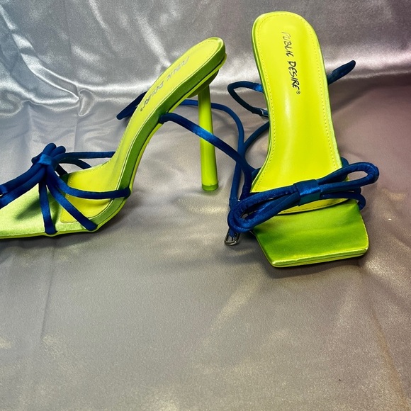 Public Desire Blue and Green Heeled Sandals with Square-Toe Design - Picture 2 of 7